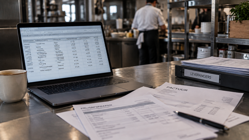 Laptop met overzicht van afgesproken en gefactureerde inkoopprijzen in een professionele horecakeuken
