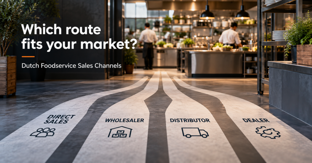 Different sales channels leading to the Dutch foodservice market: direct sales, wholesaler, distributor and dealer