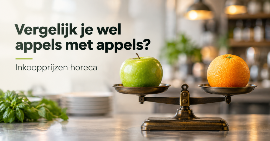 Weegschaal met appel en sinaasappel als symbool voor het vergelijken van inkoopprijzen in de horeca
